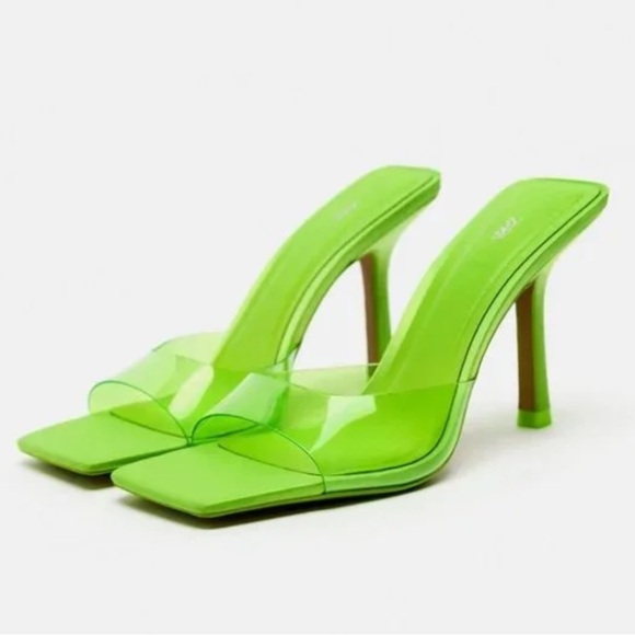 NWT Zara Lime Green High Heel Vinyl Mules Size 41 - Picture 1 of 11